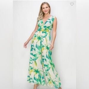 Green Tropical Floral Print Chiffon Jumpsuit
